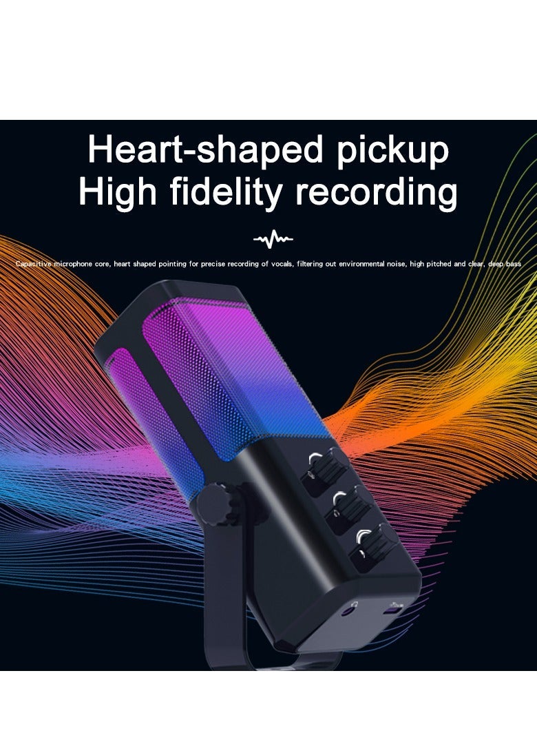 يوشي ميكروفون M7 الديناميكي لتسجيل المدونات من YU'S بث العاب - ضوء RGB - USB وزر كتم الصوت ومقبس سماعات راس وحامل لسطح المكتب صوتي للغناء واليوتيوب أسود أحادي الاتجاه - Image 4